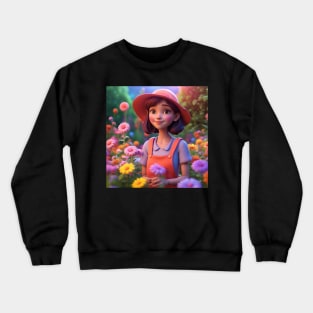 Smiling Woman Surrounded by Blooming Flowers in Nature Crewneck Sweatshirt